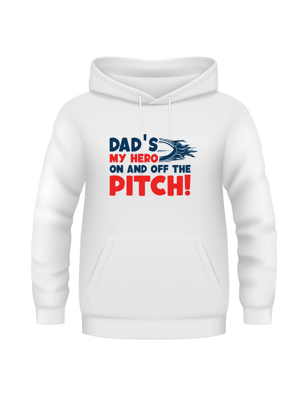 White hoodie with text and graphic design on a white background with the Cows Corner slogan saying Dad's my hero on and off the pitch