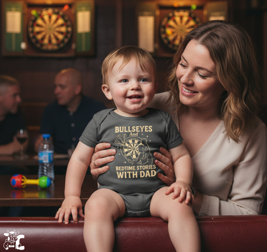 Woman holding a baby wearing a Cows Corner baby grow with the funny darts slogan that reads'Bullseyes and Bedtime Stories with Dad' shirt in a pub setting. Cows Corner gifts are perfect for sport-mad fans, these gifts work brilliantly for birthdays, new baby celebrations, Father’s Day, Mother’s Day, Christmas, anniversaries, thank you gifts, end-of-season team awards, graduations, retirements, and just-because moments when you want to raise a smile. 
