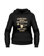 Black hoodie with text and graphics on a white background with a Cows Corner slogan saying Behind every great darts player is an empty pint glass