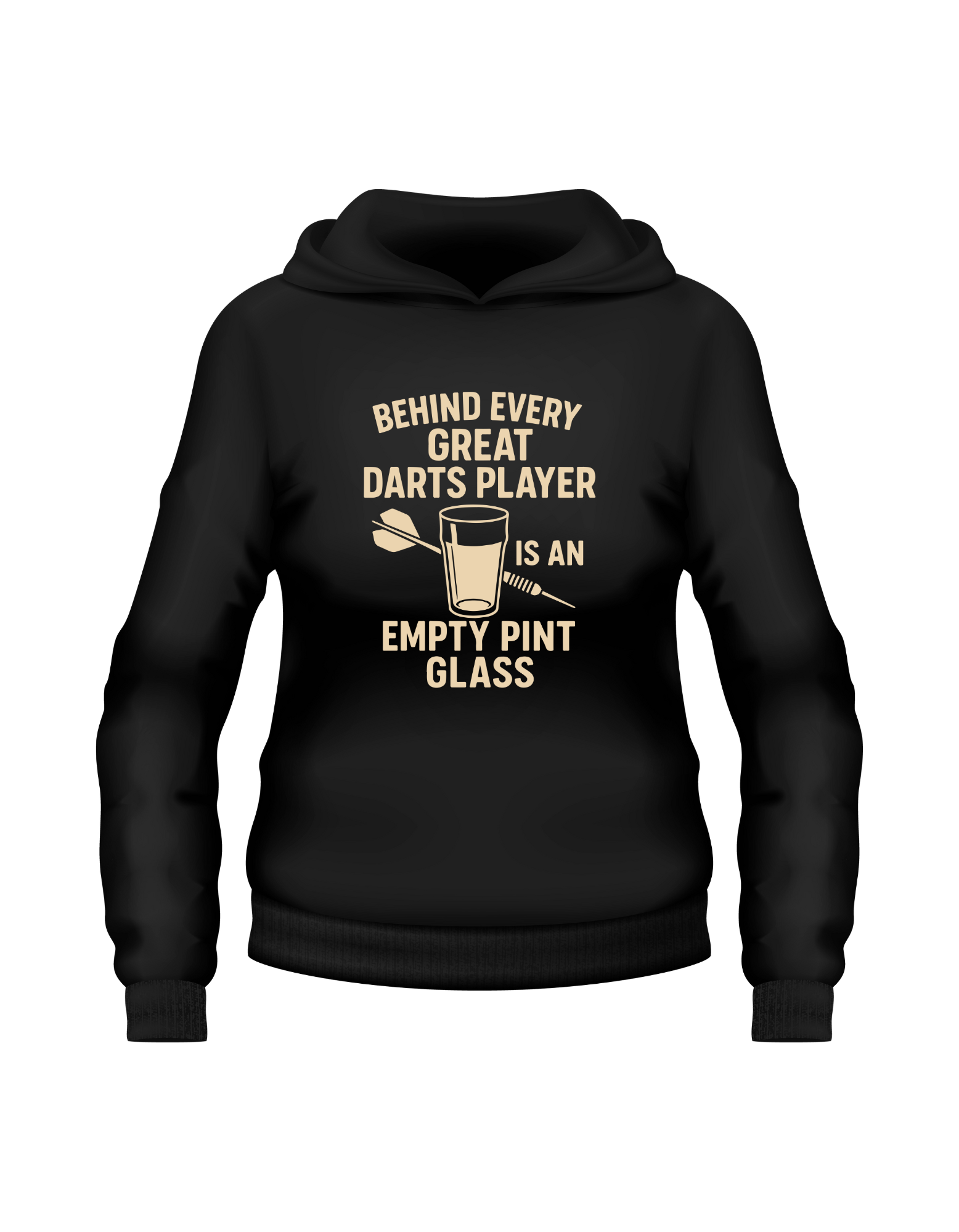Black hoodie with text and graphics on a white background with a Cows Corner slogan saying Behind every great darts player is an empty pint glass
