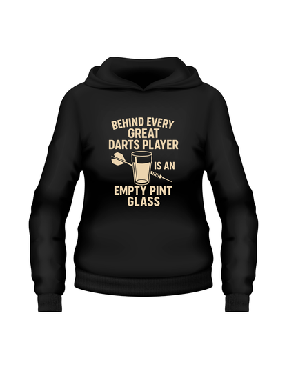 Black hoodie with text and graphics on a white background with a Cows Corner slogan saying Behind every great darts player is an empty pint glass