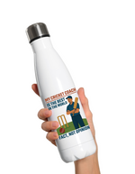 A white water bottle with the funny cricket coach saying on the front that reads 'My Cricket Coach Is the Best in the World Fact, Not Opinion'