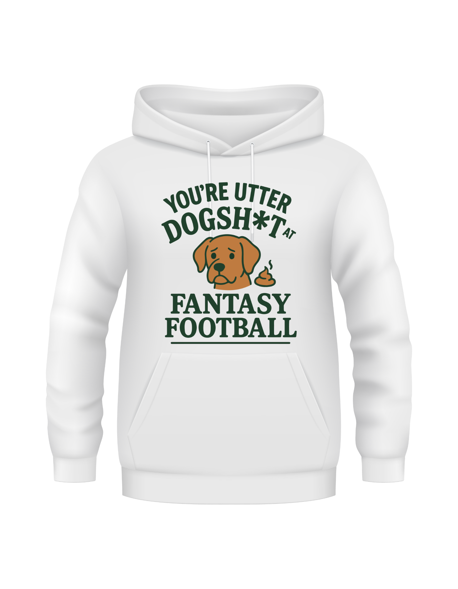 White hoodie with humorous text and dog graphic on a white background. This is a Cows Corner hoodie with the funny fantasy football slogan on the front that reads 'You're Utter Dogsh*t at Fantasy Football'. Cows Corner gifts are perfect for sport-mad fans, these gifts work brilliantly for birthdays, new baby celebrations, Father’s Day, Mother’s Day, Christmas, anniversaries, thank you gifts, end-of-season team awards, graduations, retirements, and just-because moments when you want to raise a smile.