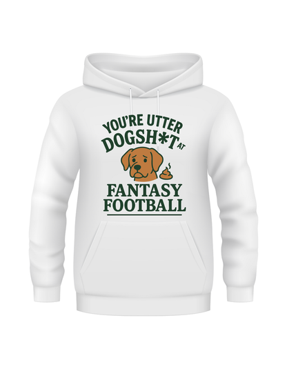 White hoodie with humorous text and dog graphic on a white background. This is a Cows Corner hoodie with the funny fantasy football slogan on the front that reads 'You're Utter Dogsh*t at Fantasy Football'. Cows Corner gifts are perfect for sport-mad fans, these gifts work brilliantly for birthdays, new baby celebrations, Father’s Day, Mother’s Day, Christmas, anniversaries, thank you gifts, end-of-season team awards, graduations, retirements, and just-because moments when you want to raise a smile.