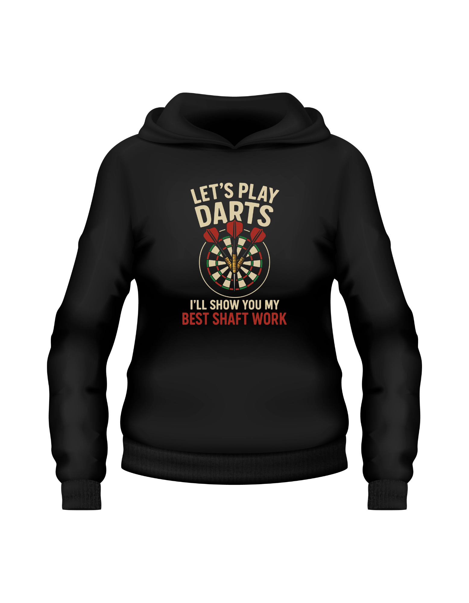 Black hoodie with dart design and text on a white background with a Cows Corner slogan saying Let's play Darts I'll show you my best shaft work