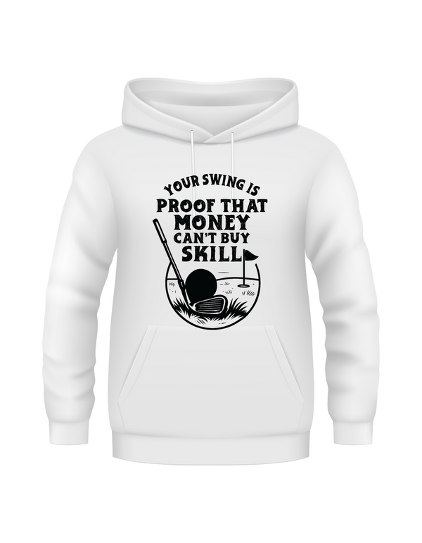 White hoodie with black graphic and text on a white background