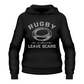 Black hoodie with white text and rugby ball graphic on a white background  with a Cows Corner slogan saying Rugby where friendly matches leave scars.