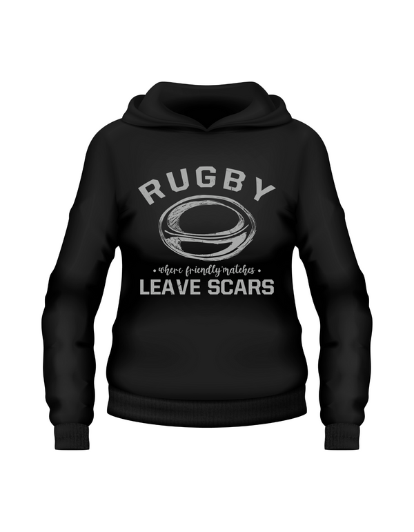 Black hoodie with white text and rugby ball graphic on a white background  with a Cows Corner slogan saying Rugby where friendly matches leave scars.