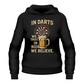 Black hoodie with a graphic design and text on a white background with a Cows Corner slogan In darts we trust, in beer we believe.