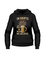Black hoodie with a graphic design and text on a white background with a Cows Corner slogan In darts we trust, in beer we believe.