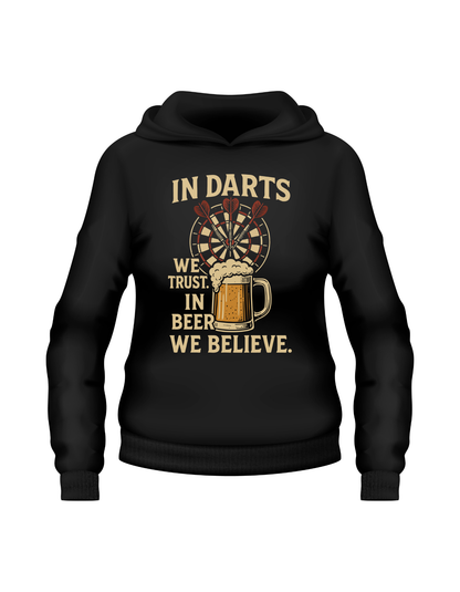 Black hoodie with a graphic design and text on a white background with a Cows Corner slogan In darts we trust, in beer we believe.