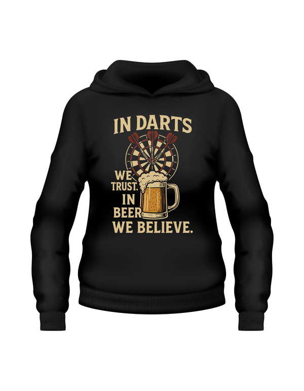 Black hoodie with a graphic design and text on a white background with a Cows Corner slogan In darts we trust, in beer we believe.