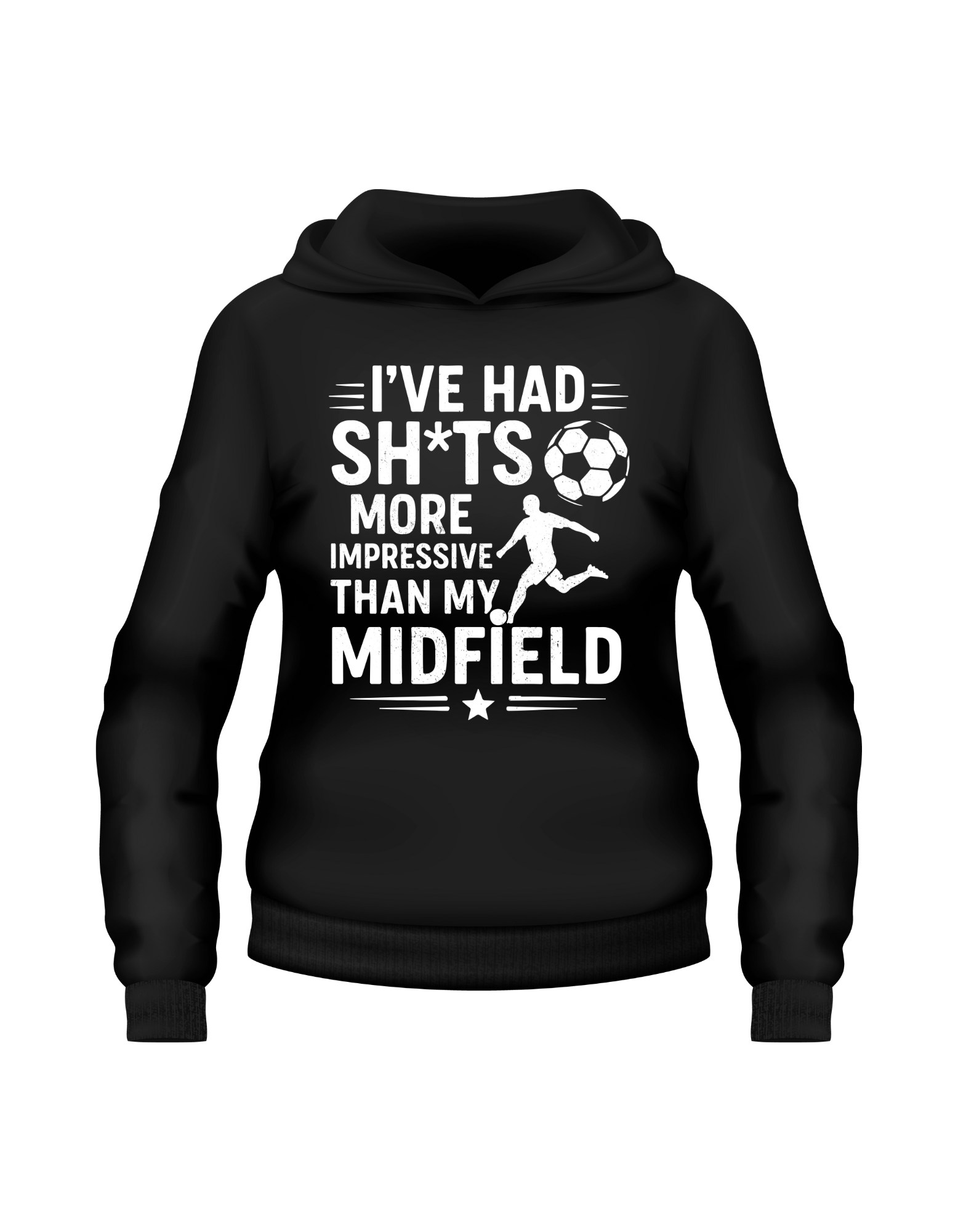 Black hoodie with white text and graphics on a white background saying 'I've had sh*ts more impressive than my midfield' a Cows Corner funny slogan hoodie
