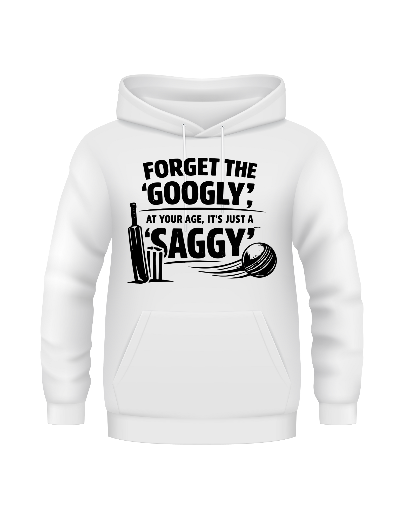 White hoodie with black text and graphics on a white background. This is a Cows Corner hoodie with the funny birthday cricket slogan 'Forget the 'Googly', at your age, it’s just a 'Saggy'. Cows Corner gifts are perfect for sport-mad fans, these gifts work brilliantly for birthdays, new baby celebrations, Father’s Day, Mother’s Day, Christmas, anniversaries, thank you gifts, end-of-season team awards, graduations, retirements, and just-because moments when you want to raise a smile. 
