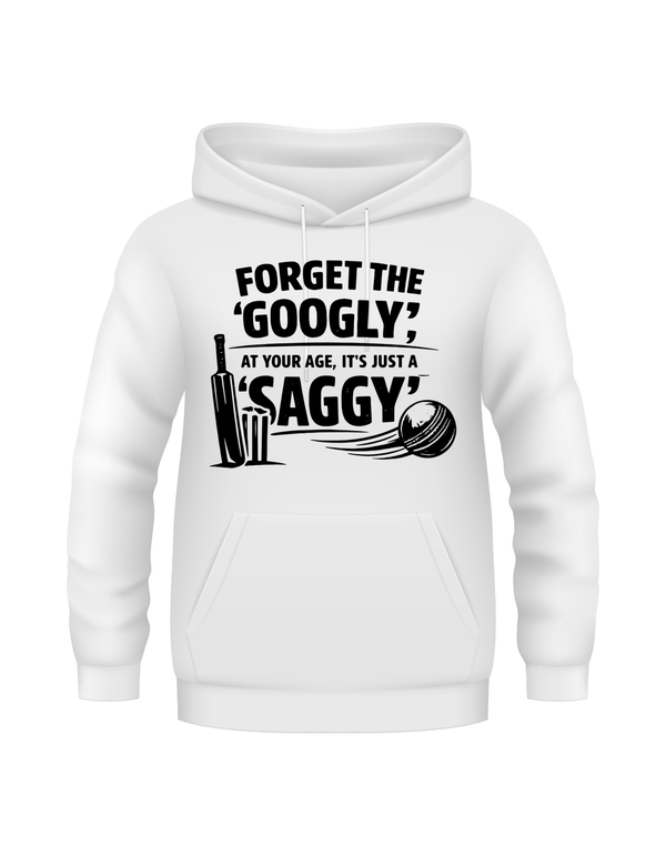 White hoodie with black text and graphics on a white background. This is a Cows Corner hoodie with the funny birthday cricket slogan 'Forget the 'Googly', at your age, it’s just a 'Saggy'. Cows Corner gifts are perfect for sport-mad fans, these gifts work brilliantly for birthdays, new baby celebrations, Father’s Day, Mother’s Day, Christmas, anniversaries, thank you gifts, end-of-season team awards, graduations, retirements, and just-because moments when you want to raise a smile. 
