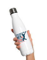 A white water bottle with the funny cricket coach saying on the front that reads 'You Built My Technique My Confidence and My Game – Thank You'