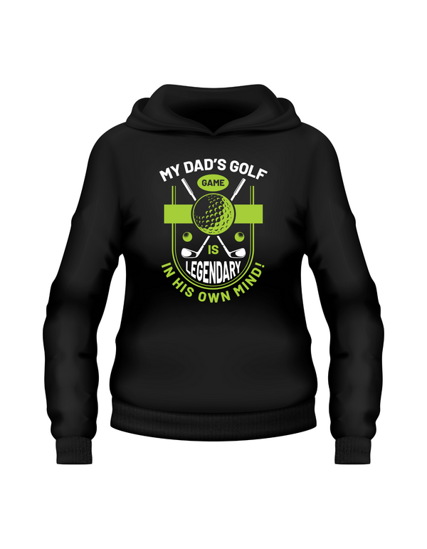 Black hoodie with golf-themed graphic and text on a white background with a Cows Corner slogan, my dad's golf game is legendary in his own mind.