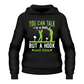 Black hoodie with green and white text and graphics on a white background with a Cows Corner slogan saying You can talk to a fade but a hook won't listen.