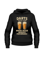 Black hoodie with darts and beer graphic and text on a white background with a Cows Corner slogan saying Darts the only sport where beeer improves performance.