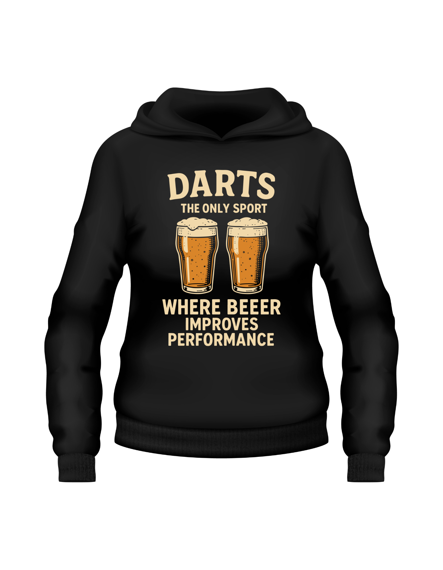 Black hoodie with darts and beer graphic and text on a white background with a Cows Corner slogan saying Darts the only sport where beeer improves performance.
