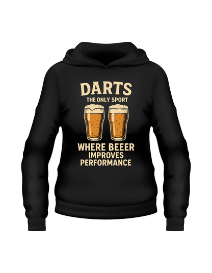Black hoodie with darts and beer graphic and text on a white background with a Cows Corner slogan saying Darts the only sport where beeer improves performance.