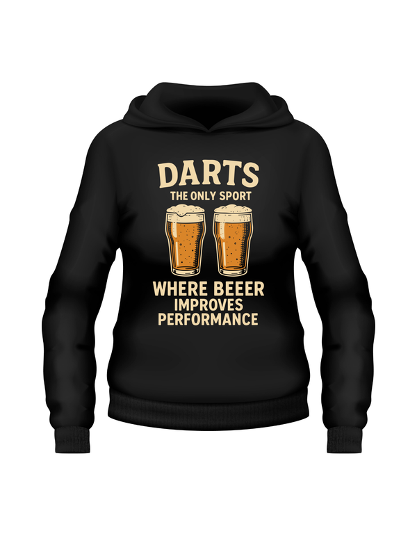 Black hoodie with darts and beer graphic and text on a white background with a Cows Corner slogan saying Darts the only sport where beeer improves performance.