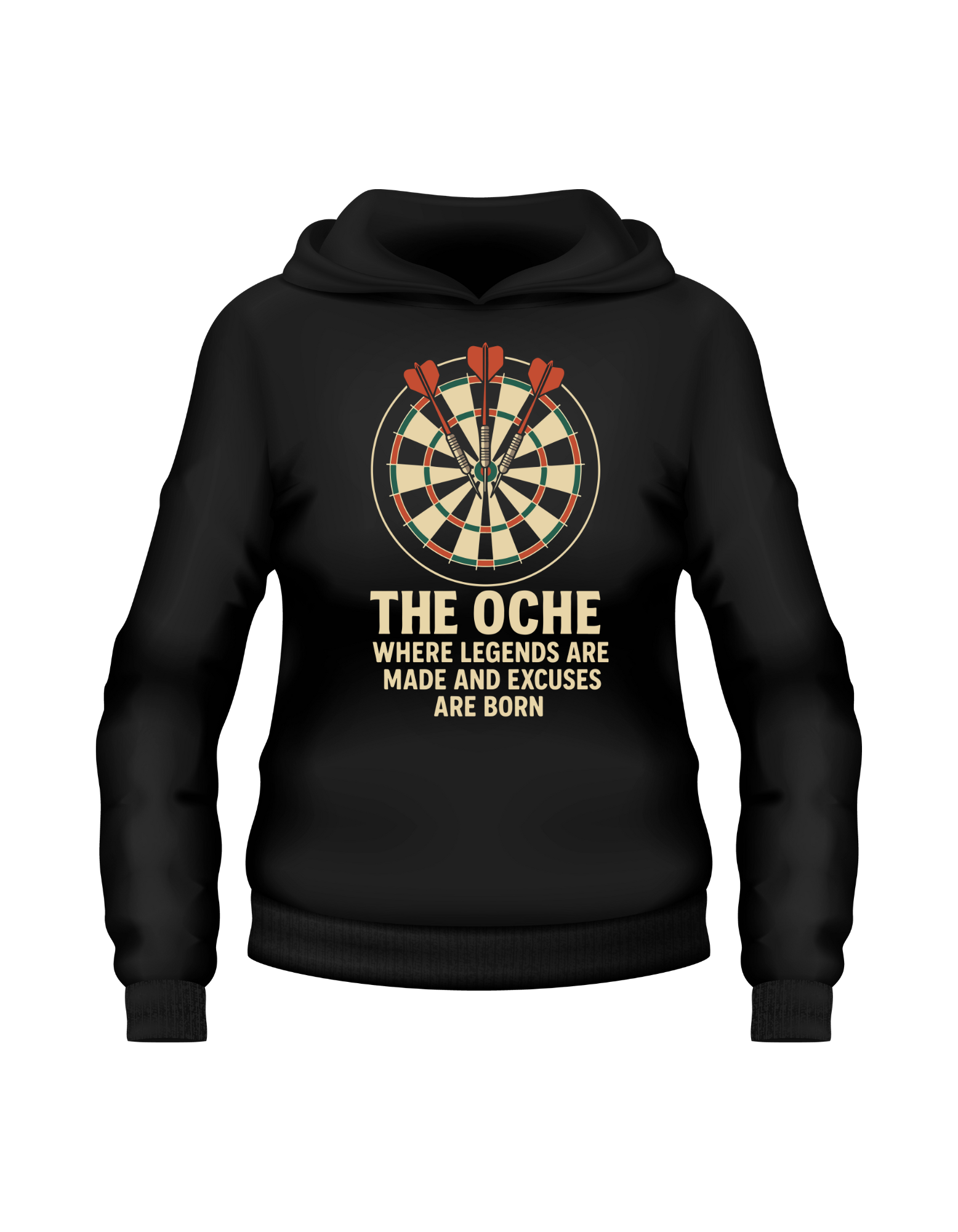 Black hoodie with a dartboard graphic and text on a white background with a Cows Corner slogan The oche where legends are made and excuses are born.