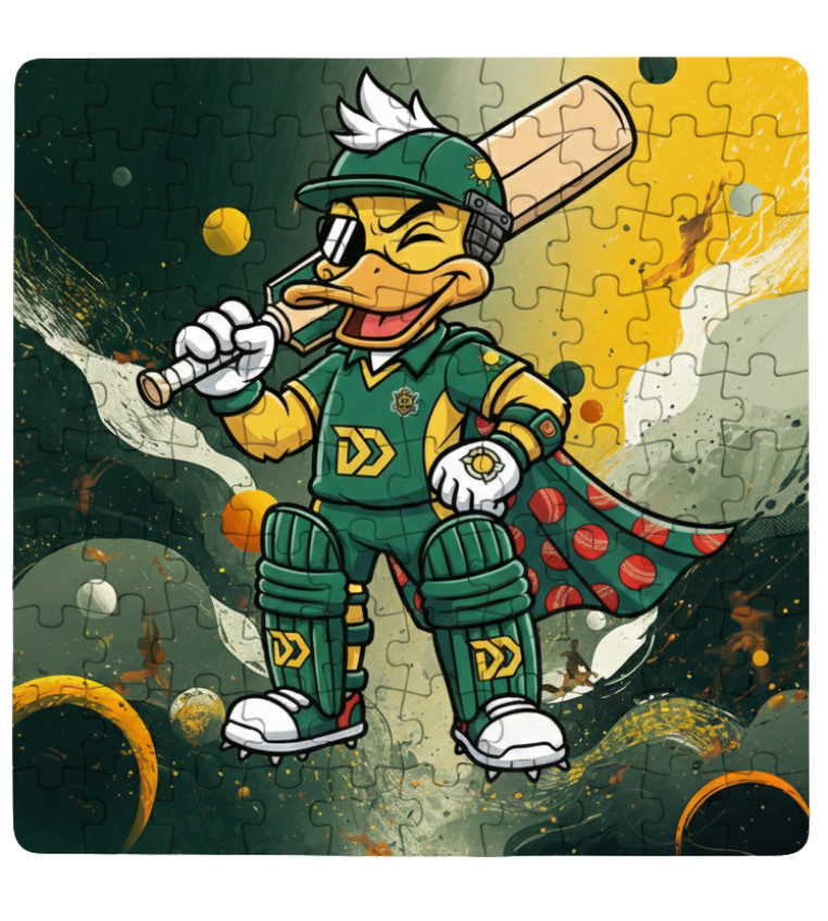 Cartoon duck character in cricket gear on a puzzle with a space-themed background. This is a Cows Corner customised jigsaw Cows Corner gifts are perfect for sport-mad fans, these gifts work brilliantly for birthdays, new baby celebrations, Father’s Day, Mother’s Day, Christmas, anniversaries, thank you gifts, end-of-season team awards, graduations, retirements, and just-because moments when you want to raise a smile. 