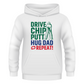White hoodie with text 'Drive Chip Putt Hug Dad Repeat' on a white background with a Cows Corner slogan saying Drive, Chip, Putt, Hug Dad, Repeat.