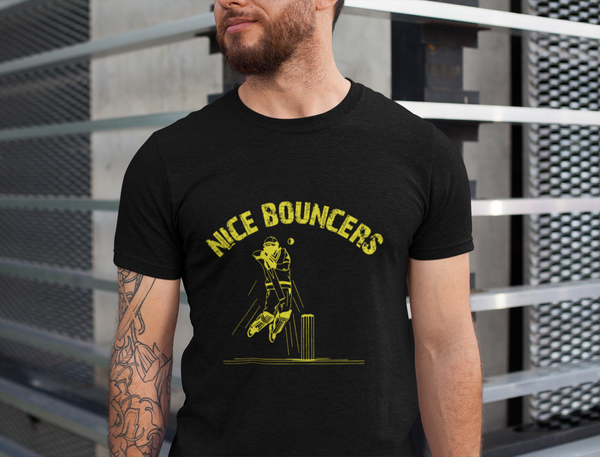 A man wearing a black t-shirt with Nice Bouncers on the front! A Funny Cricket T-Shirt, Premium Fabric, Multiple Adult Sizes
