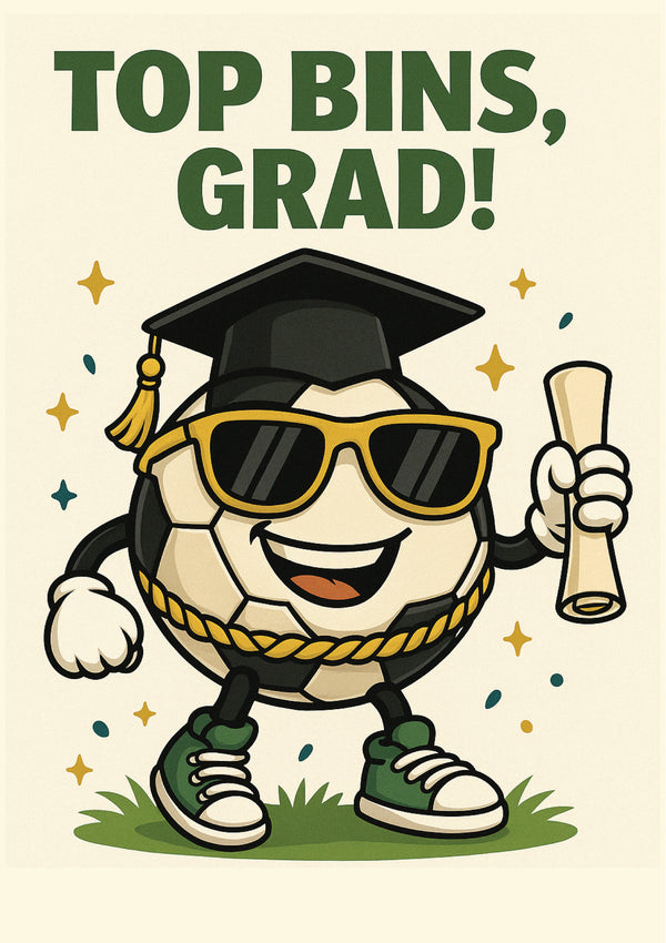 Graduation-themed design with a cartoon character in a cap and sunglasses, holding a diploma, on a beige background. A Cows Corner personalised card