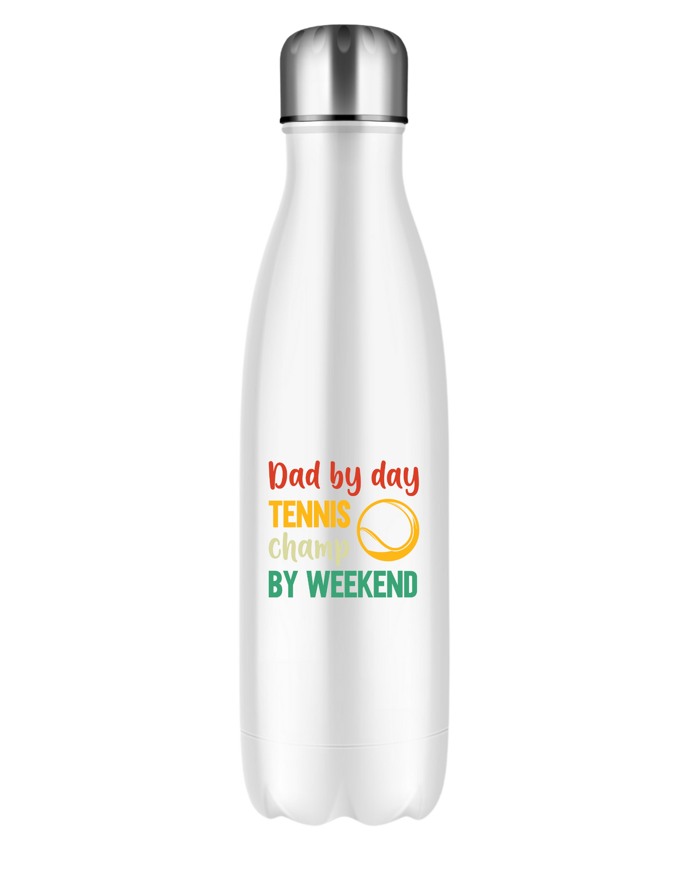 A 500ml white stainless steal water bottle with the funny tennis slogan on the front that reads 'Dad By Day, Tennis Champ By Weekend'
