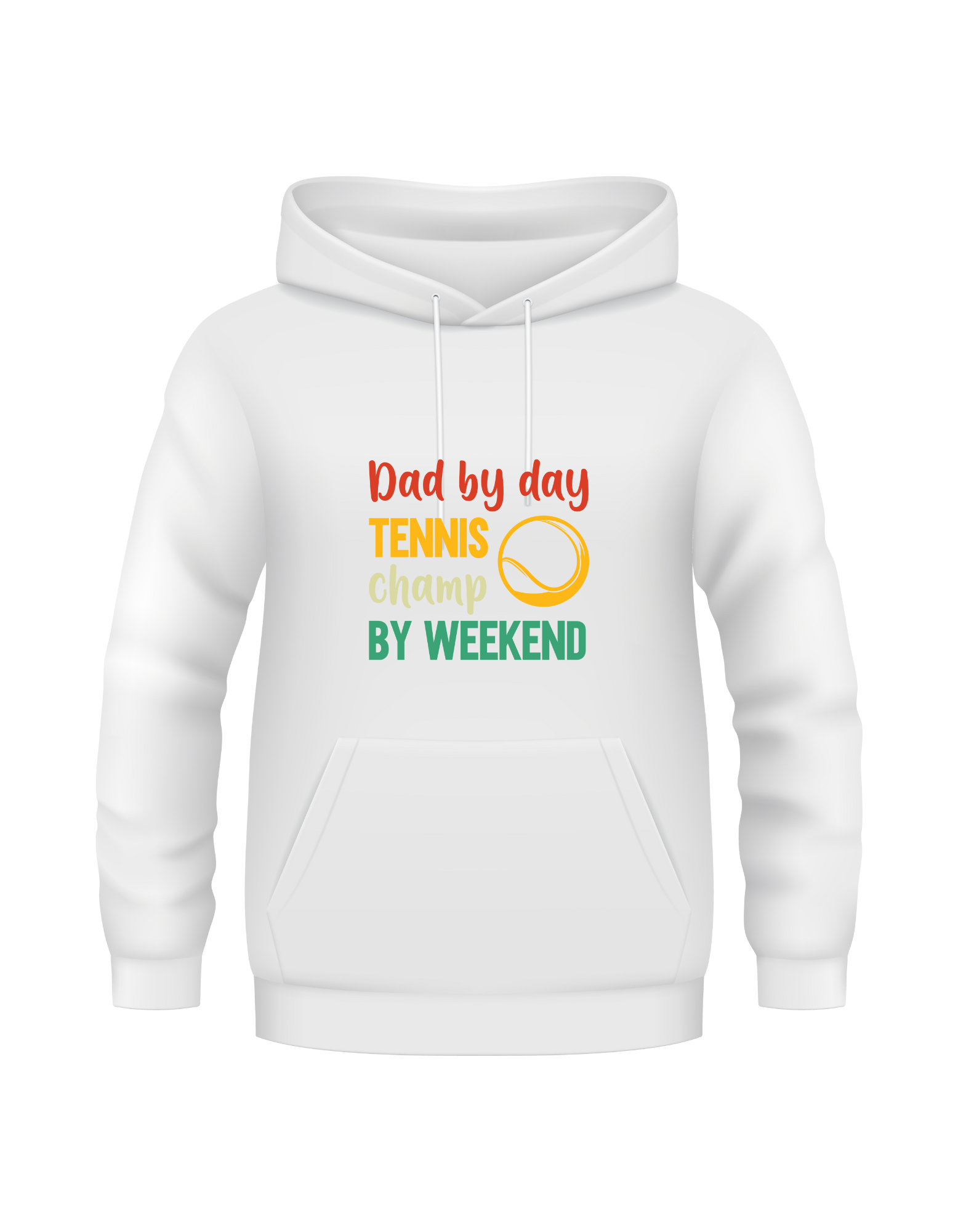 A white hoodie with the funny tennis slogan on the front that reads 'Dad By Day, Tennis Champ By Weekend'