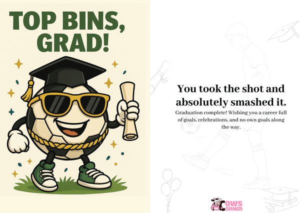 Graduation-themed card with a cartoon soccer ball in a cap and sunglasses, holding a diploma. A Cows Corner personalised card