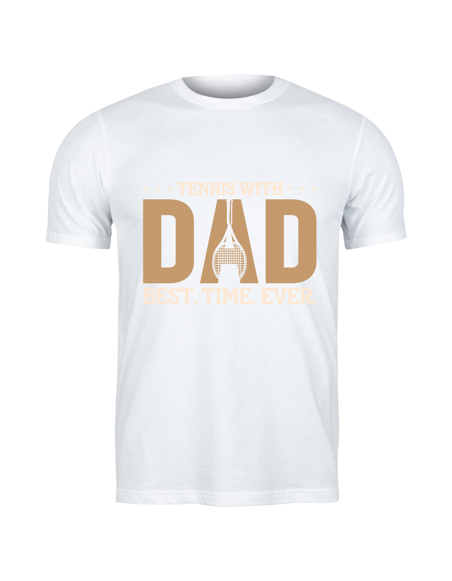 A white t-shirt with the funny tennis slogan on the front that reads 'Tennis with Dad, BEST. TIME. EVER'