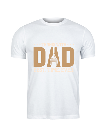 A white t-shirt with the funny tennis slogan on the front that reads 'Tennis with Dad, BEST. TIME. EVER'
