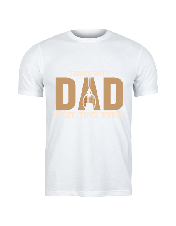 A white t-shirt with the funny tennis slogan on the front that reads 'Tennis with Dad, BEST. TIME. EVER'