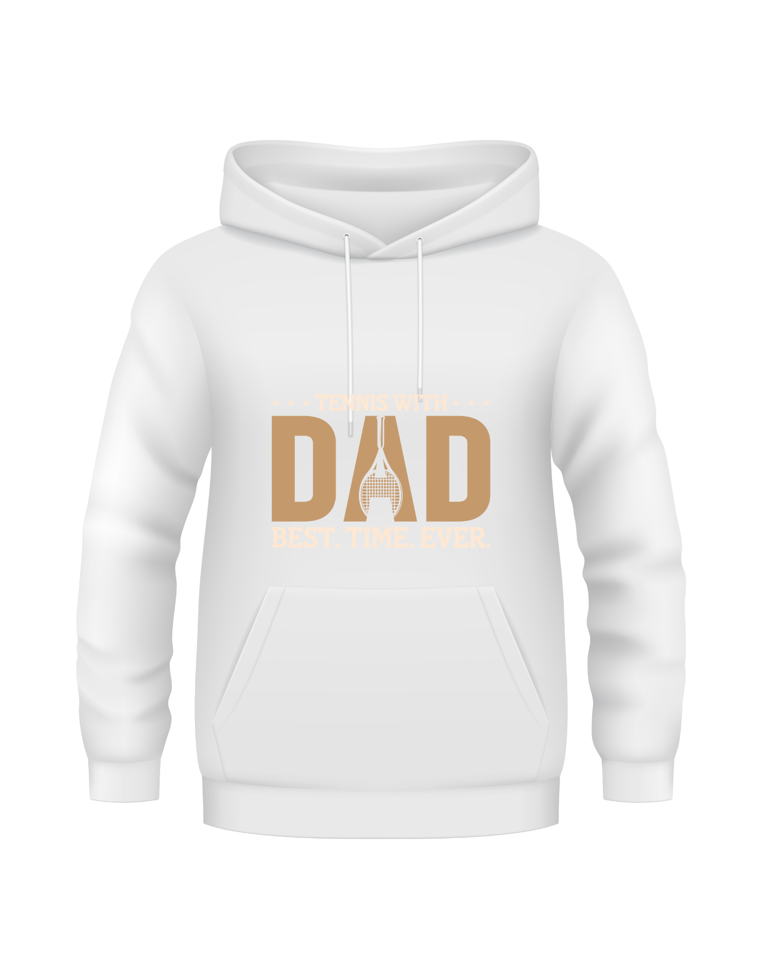 A white hoodie with the funny tennis slogan on the front that reads 'Tennis with Dad, BEST. TIME. EVER'