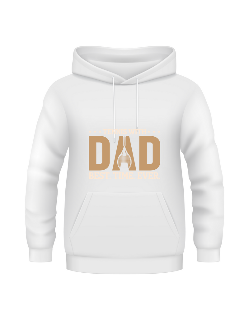 A white hoodie with the funny tennis slogan on the front that reads 'Tennis with Dad, BEST. TIME. EVER'