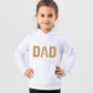 A girl wearing a white hoodie with the funny tennis slogan on the front that reads 'Tennis with Dad, BEST. TIME. EVER'