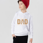 A boy wearing a white hoodie with the funny tennis slogan on the front that reads 'Tennis with Dad, BEST. TIME. EVER'