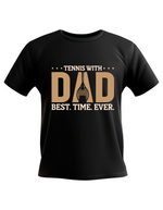 A black t-shirt with the funny tennis slogan on the front that reads 'Tennis with Dad, BEST. TIME. EVER'