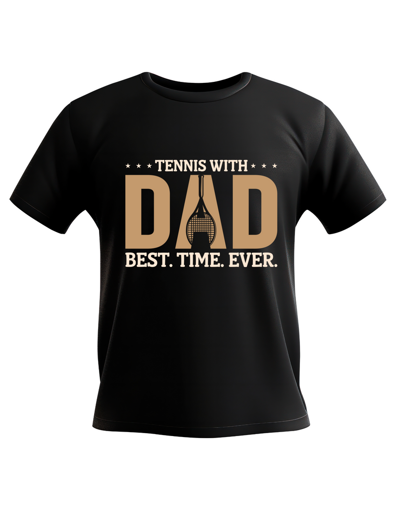 A black t-shirt with the funny tennis slogan on the front that reads 'Tennis with Dad, BEST. TIME. EVER'