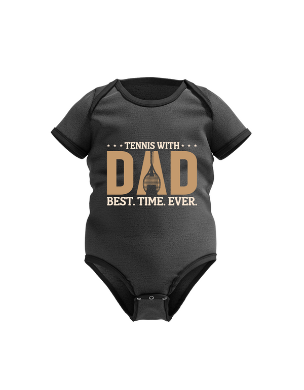 A black baby grow with the funny tennis slogan on the front that reads 'Tennis with Dad, BEST. TIME. EVER'