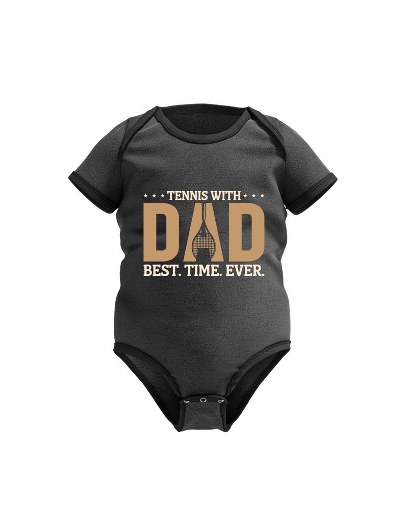 A black baby grow with the funny tennis slogan on the front that reads 'Tennis with Dad, BEST. TIME. EVER'