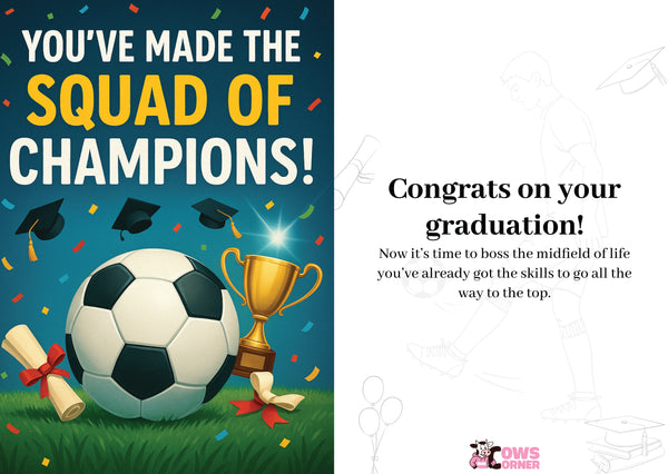 Graduation-themed card with soccer ball, trophy, and text congratulating the reader on their graduation. A Cows Corner personalised card