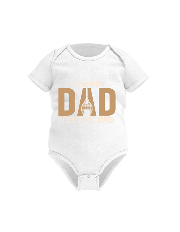 A white baby grow with the funny tennis slogan on the front that reads 'Tennis with Dad, BEST. TIME. EVER'