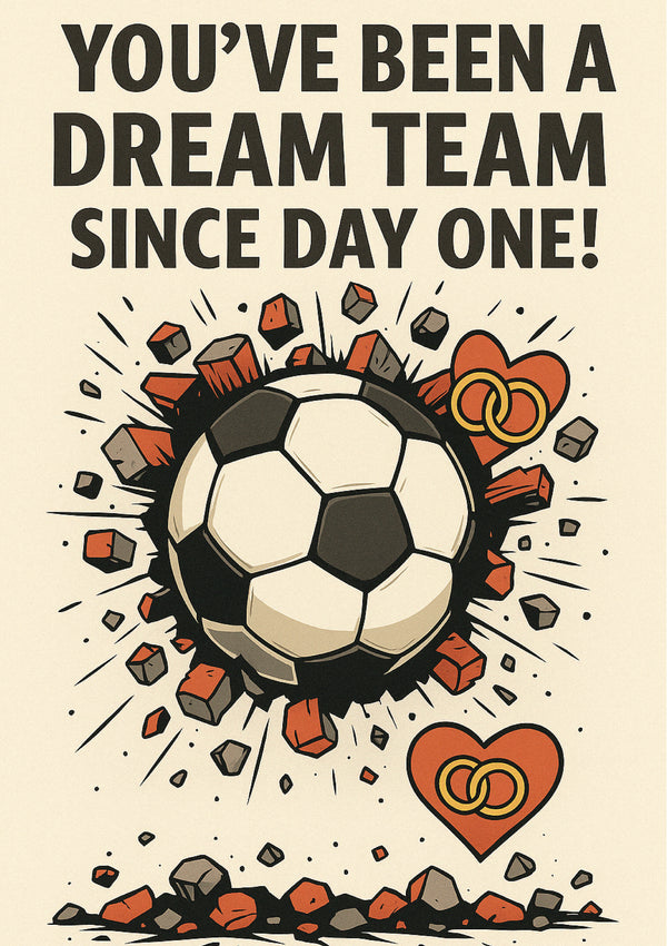 Soccer ball with hearts and text on a beige background. A Cows Corner personalised card