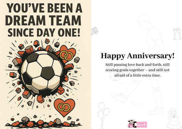 Soccer-themed anniversary card with text and graphics on a white background A Cows Corner personalised card