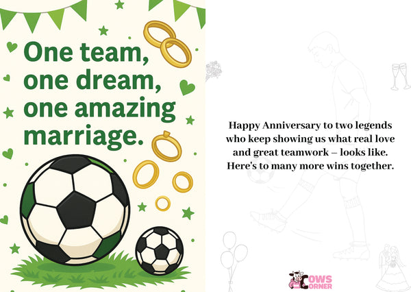 Card with soccer balls, wedding rings, and text about teamwork and marriage on a white background. A Cows Corner personalised card